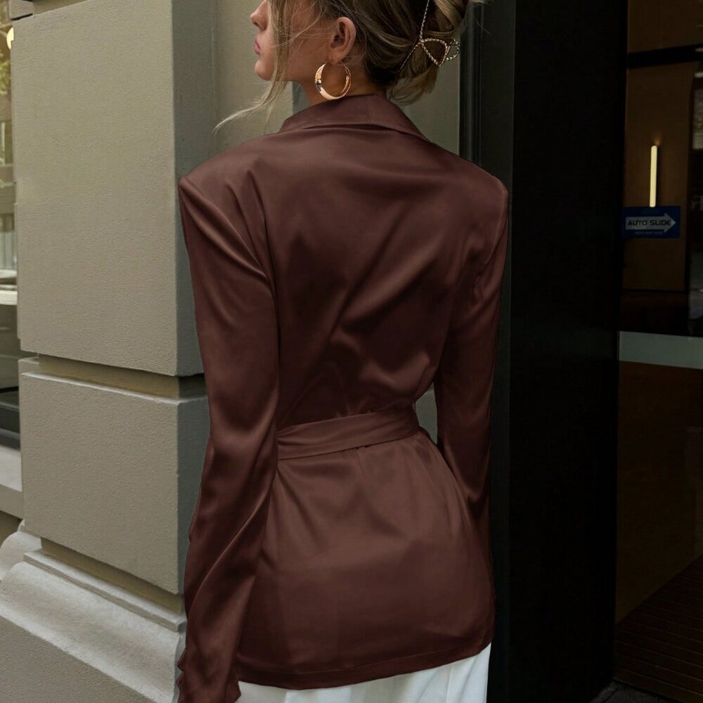 Coffee Brown Women's V Neck Criss-Cross Wrap Tie Side Bow Blouse top - Picture 2 of 8